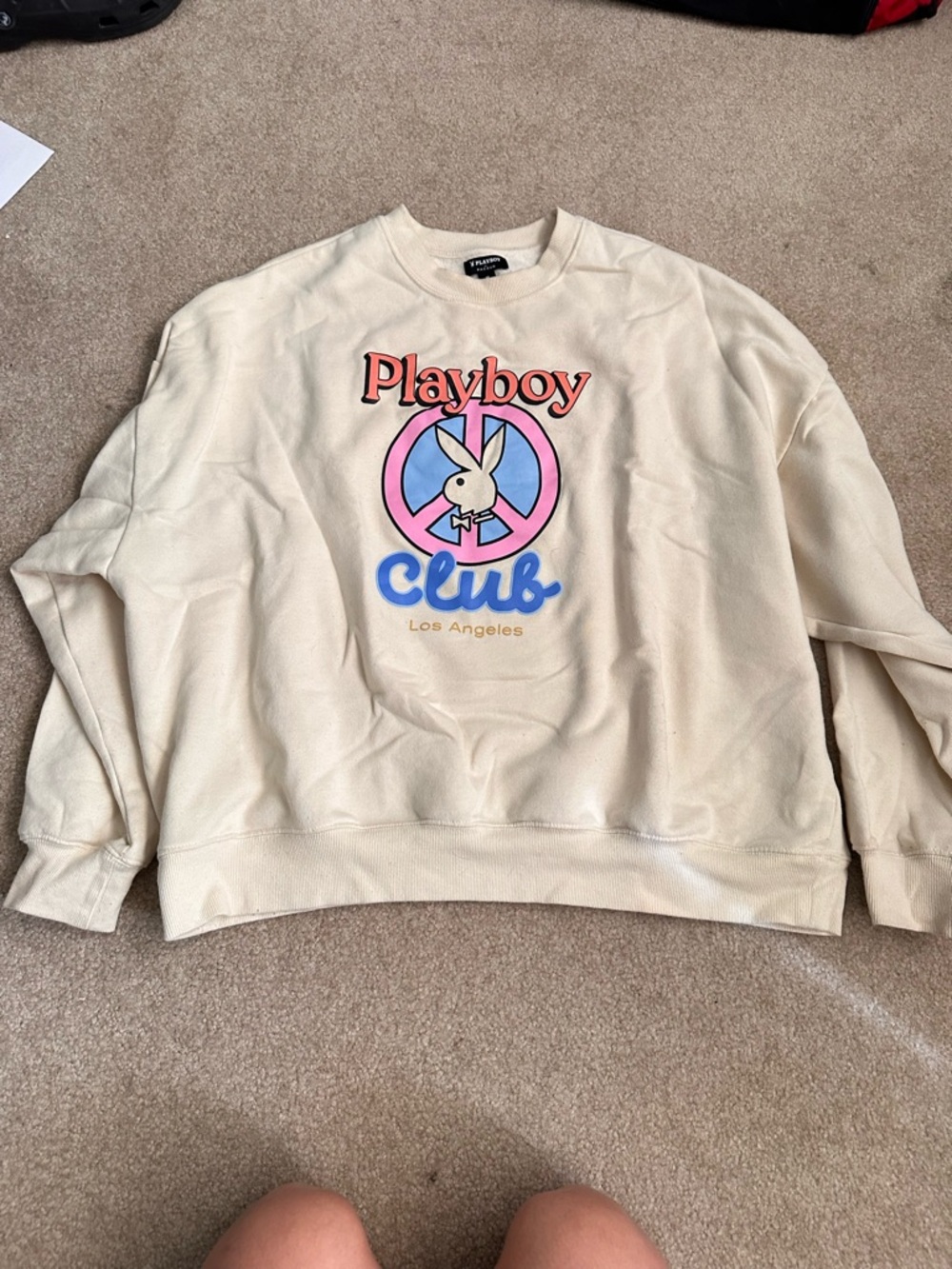 PLAYBOY Cream Crewneck Sweatshirt with Pink & Blue Graphic